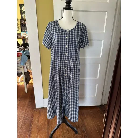 vintage L.L. Bean 100% Cotton Blue Plaid Button Front Cottagecore Dress Petite - Picture 2 of 15